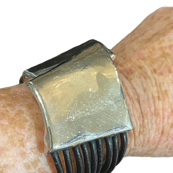 Sterling silver modernist 925 Israel bracelet multi strand leather strap - Picture 9 of 11